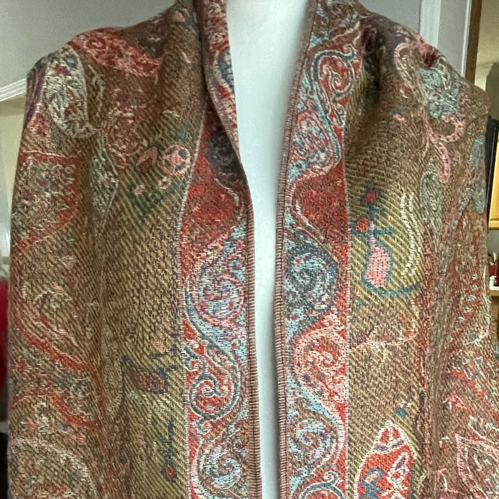 Vintage Pashmina Multicolor Wrap with Fringe. 100%Pashmina. Bohemian.